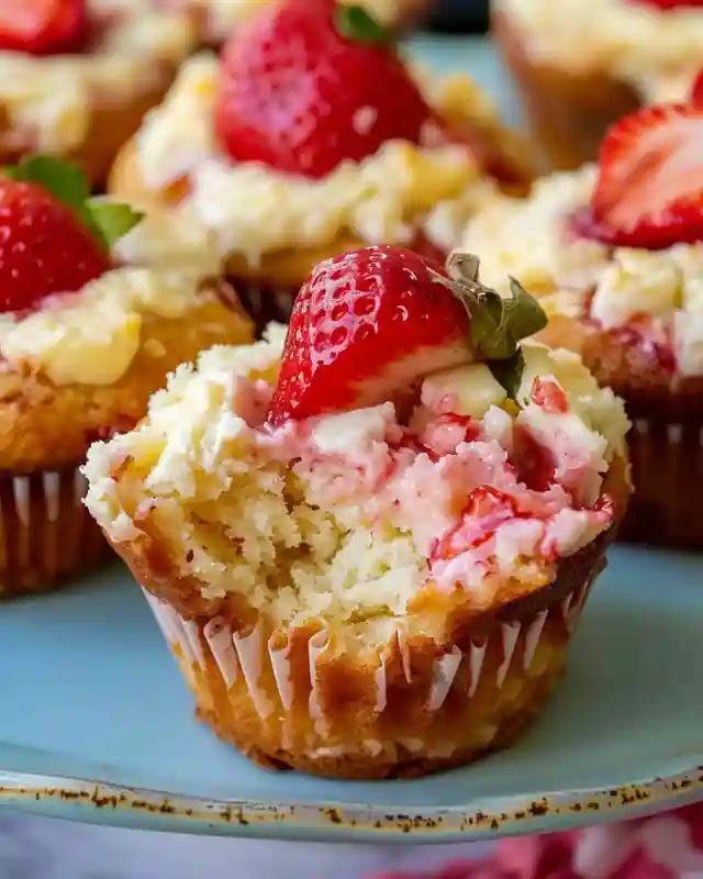 Close-up of a strawberry cheesecake muffin with a bite taken out, topped with a fresh strawberry.