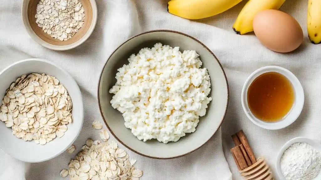 banana cottage cheese muffin ingredients flat lay