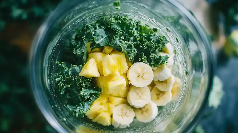 Blending coconut water smoothie with visible fruit and greens swirling in a clear blender