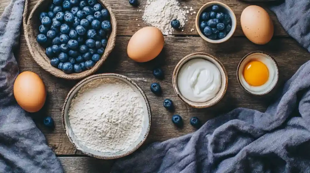Flat lay of ingredients for blueberry cake donuts including flour, eggs, blueberries, sugar, and yogurt