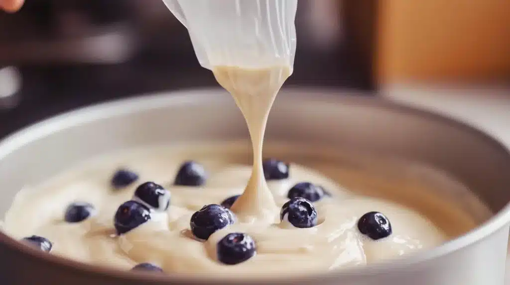 Piping thick blueberry donut batter into a non-stick donut pan