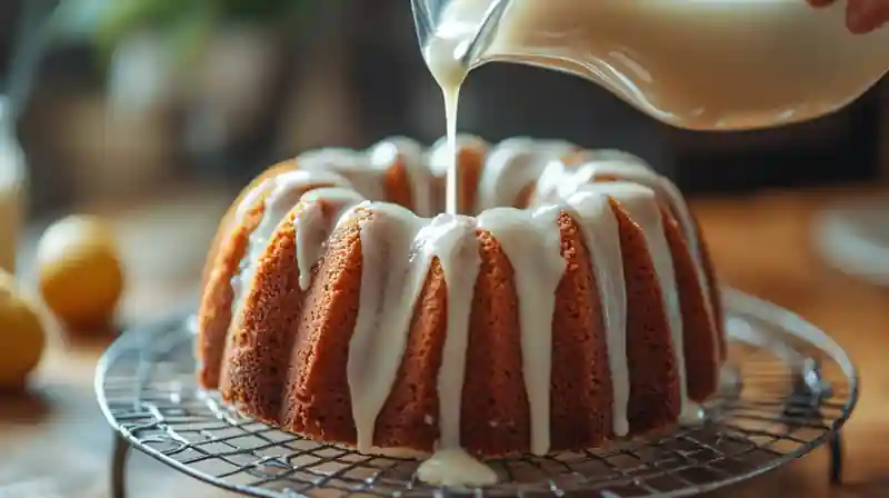 Carrot Bundt cake being glazed with cream cheese frosting