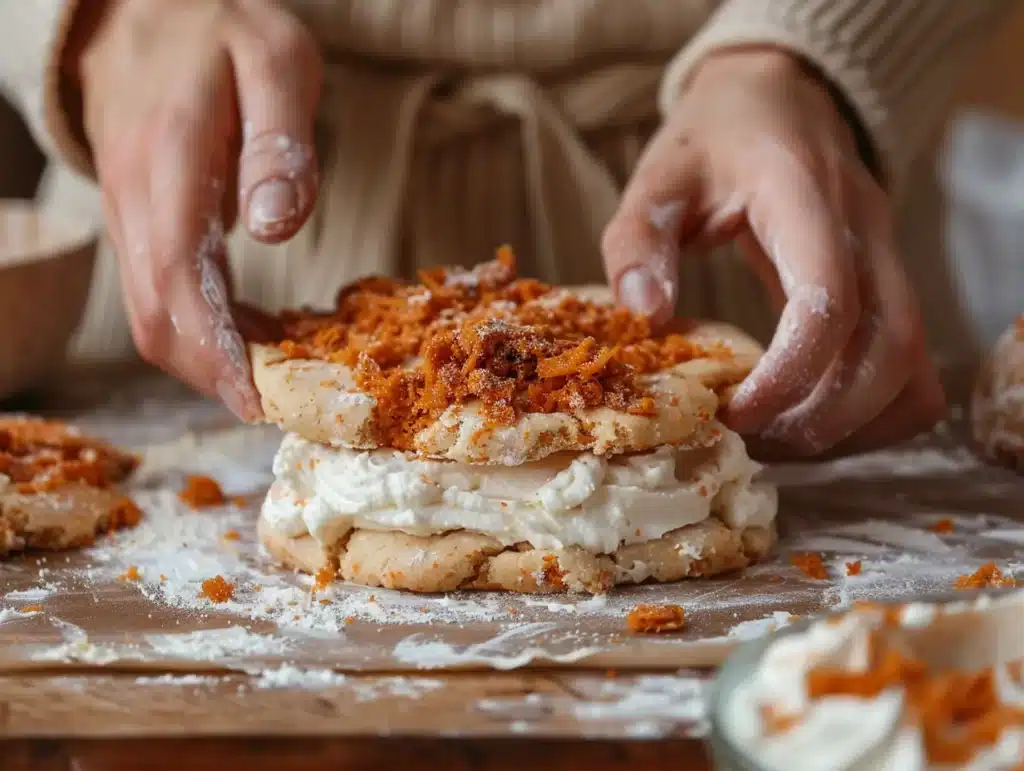 Carrot cake cookie dough being shaped around cheesecake filling