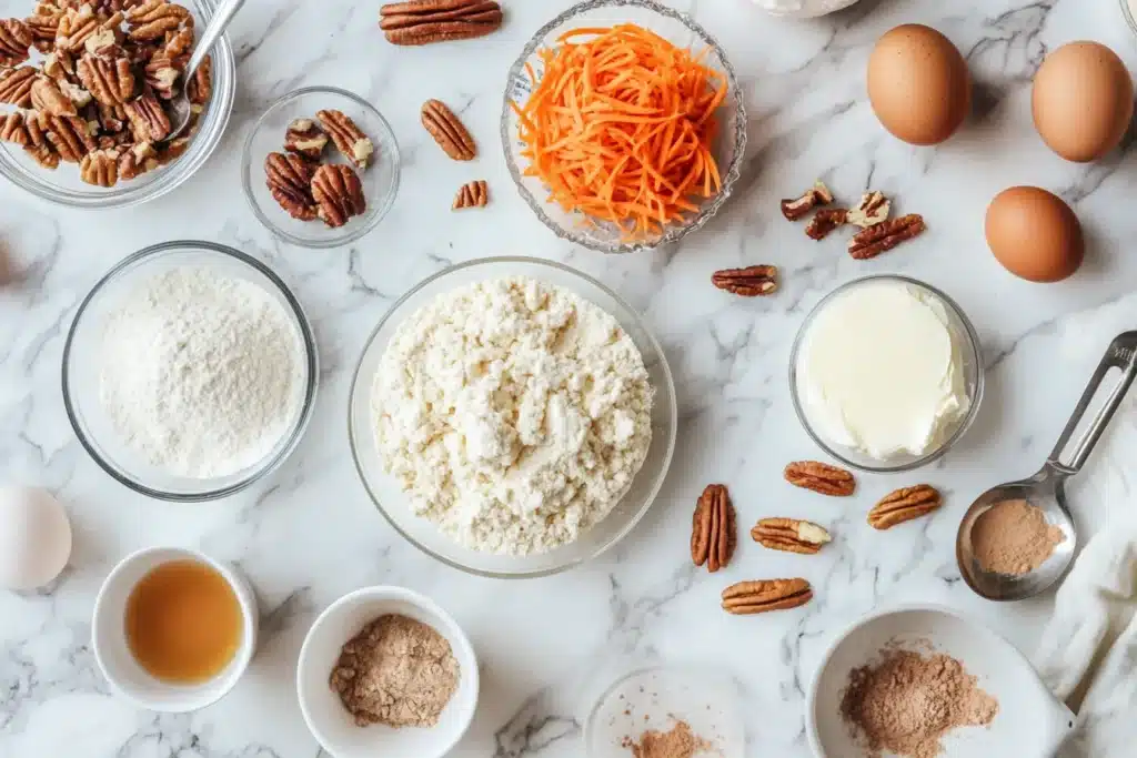 Ingredients for carrot cake cookies displayed on a marble counter