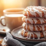 Stack of carrot cake cookies drizzled with cream cheese glaze