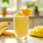 Illustrated coconut water smoothie recipe card with icons for fruit and blender steps