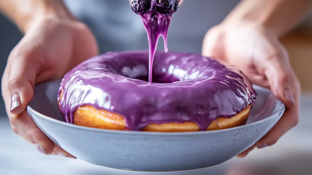 Dipping baked blueberry donuts into homemade blueberry glaze