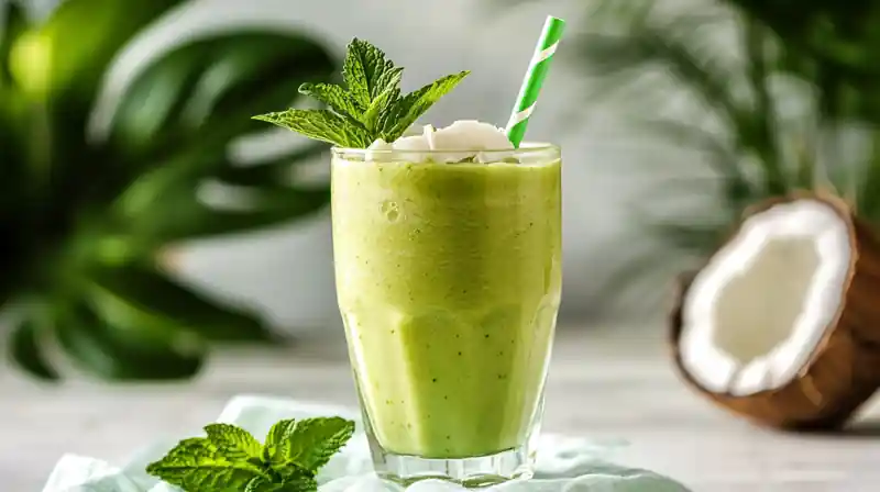 Finished green smoothie with coconut water in a glass, garnished with mint and a reusable straw