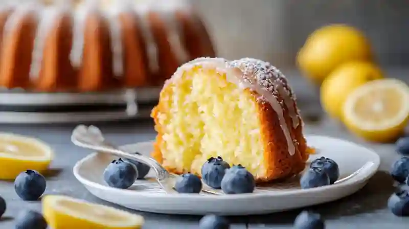 Slice of lemon bundt cake with blueberries on white plate
