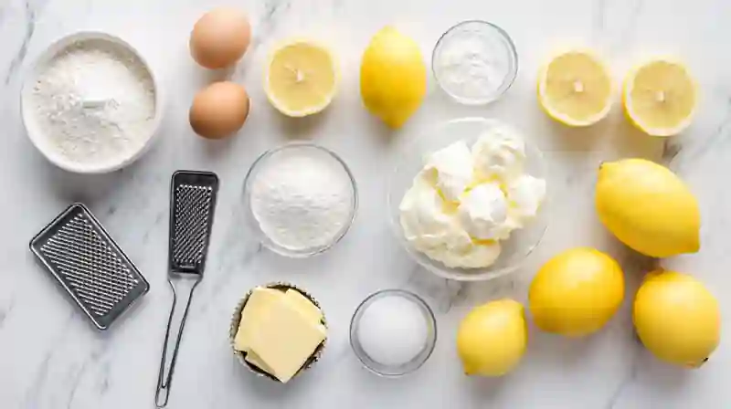 Ingredients for lemon bundt cake arranged on countertop