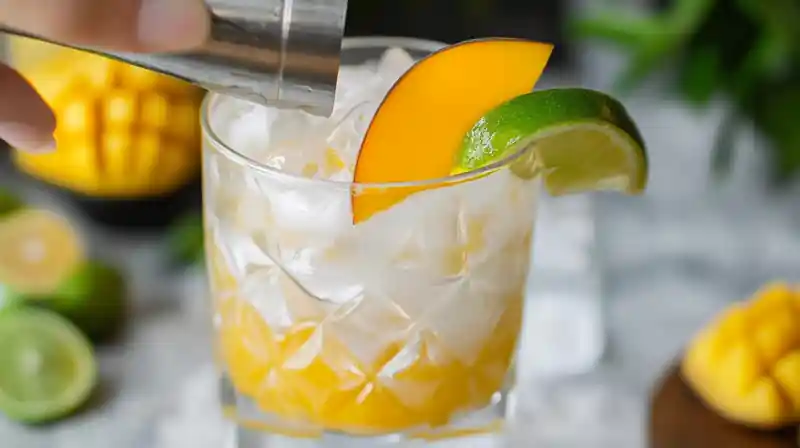 Shaking a mocktail shaker with mango and citrus juices for mai tai
