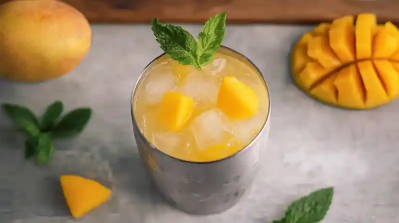 Ingredients for mango mai tai mocktail laid out on a white surface