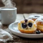 Plate of blueberry cake donuts with one bitten into, served with coffee