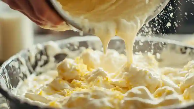 Lemon cake batter being poured into a bundt pan