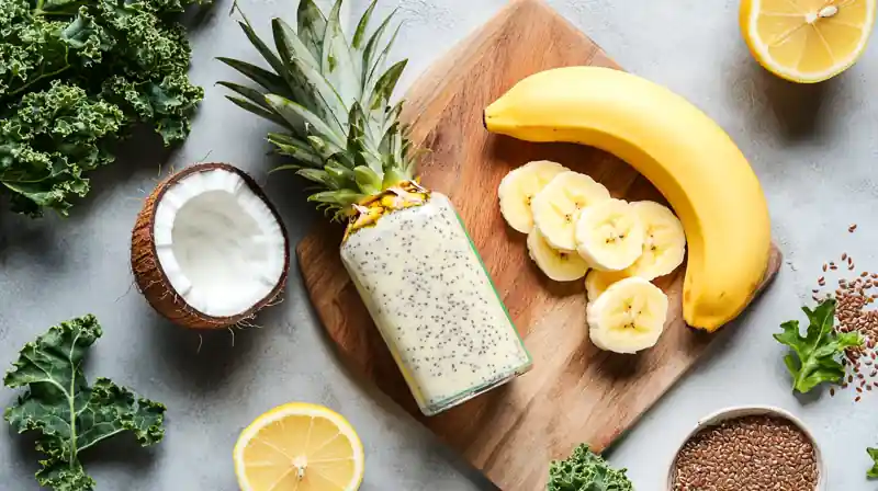 Coconut water, banana, kale, pineapple, and flaxseed arranged on a rustic cutting board