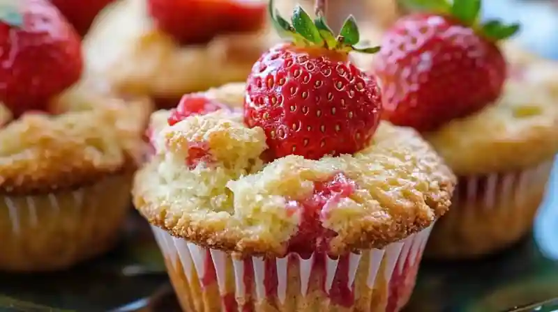Freshly baked strawberry cheesecake muffin topped with a whole strawberry.