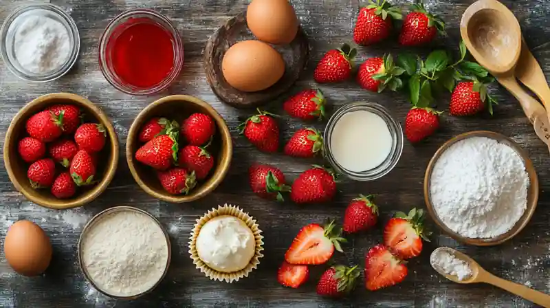 Fresh baking ingredients including strawberries, flour, eggs, milk, and sugar on a rustic wooden table