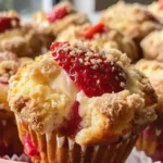 Close-up of a strawberry cheesecake muffin with a golden crumble topping and melted cream cheese.