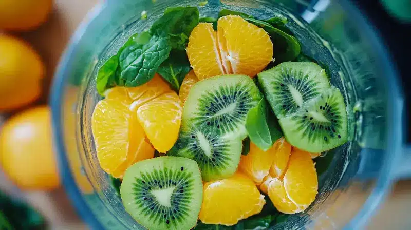 Close-up view of a blender filled with chopped kiwi, orange slices, and spinach.