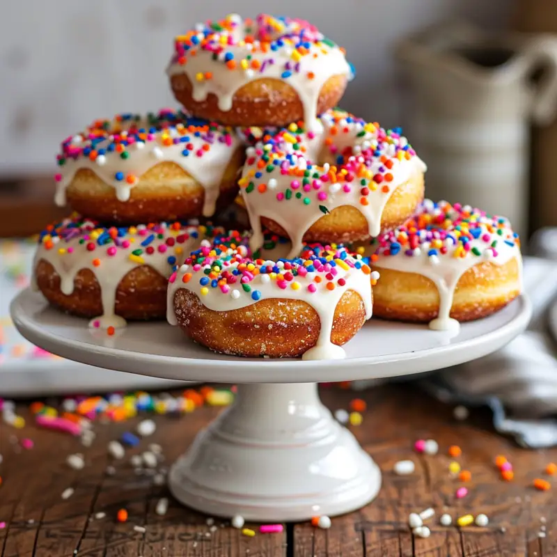 Stack of glazed vanilla cake donuts with sprinkles on a white stand