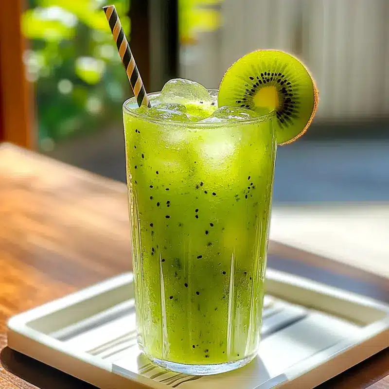 Tall glass of vibrant green kiwi juice with ice and a kiwi slice garnish.