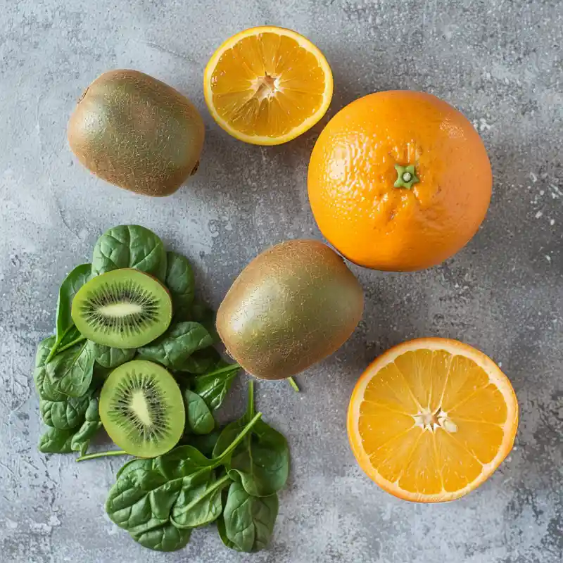 Flat lay of fresh kiwi, oranges, and spinach leaves on a gray surface for Kiwi Juice Recipe