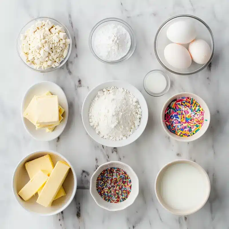 Measured ingredients for vanilla cake donuts displayed on a marble surface