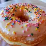 Single vanilla cake donut with white glaze and colorful confetti sprinkles on parchment paper