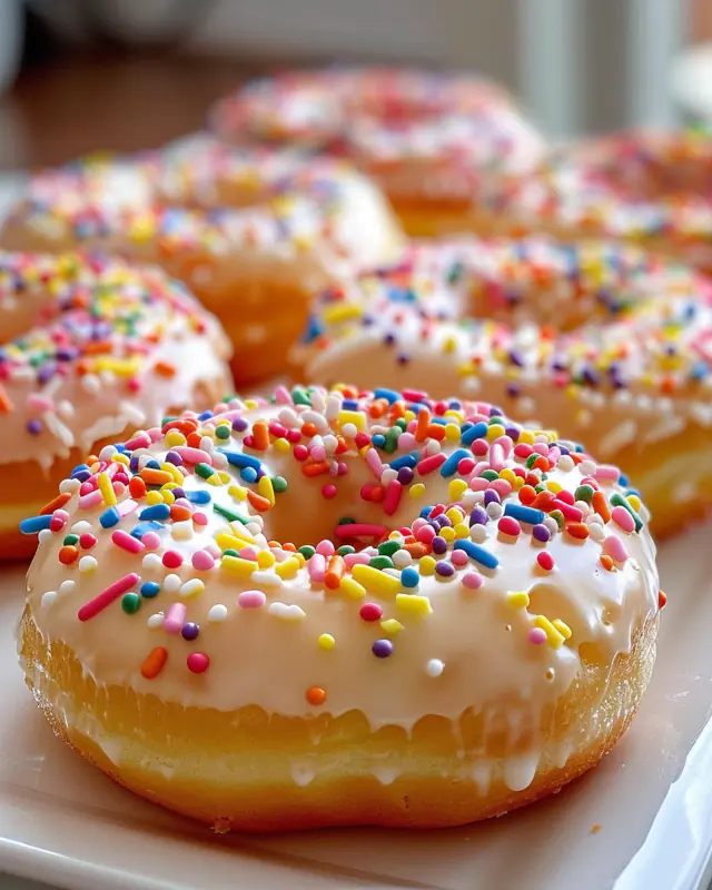 Vanilla cake donut topped with white glaze and colorful rainbow sprinkles on a white plate