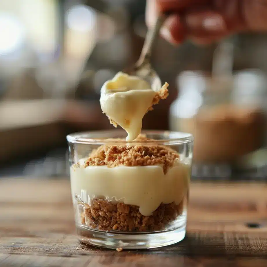 Spoon adding pink cheesecake filling into a crusted dessert cup
