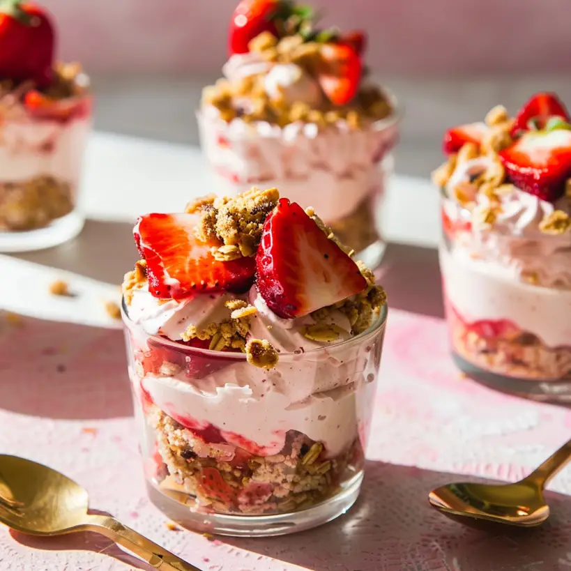 Six strawberry cheesecake cups topped with fresh berries and spoons