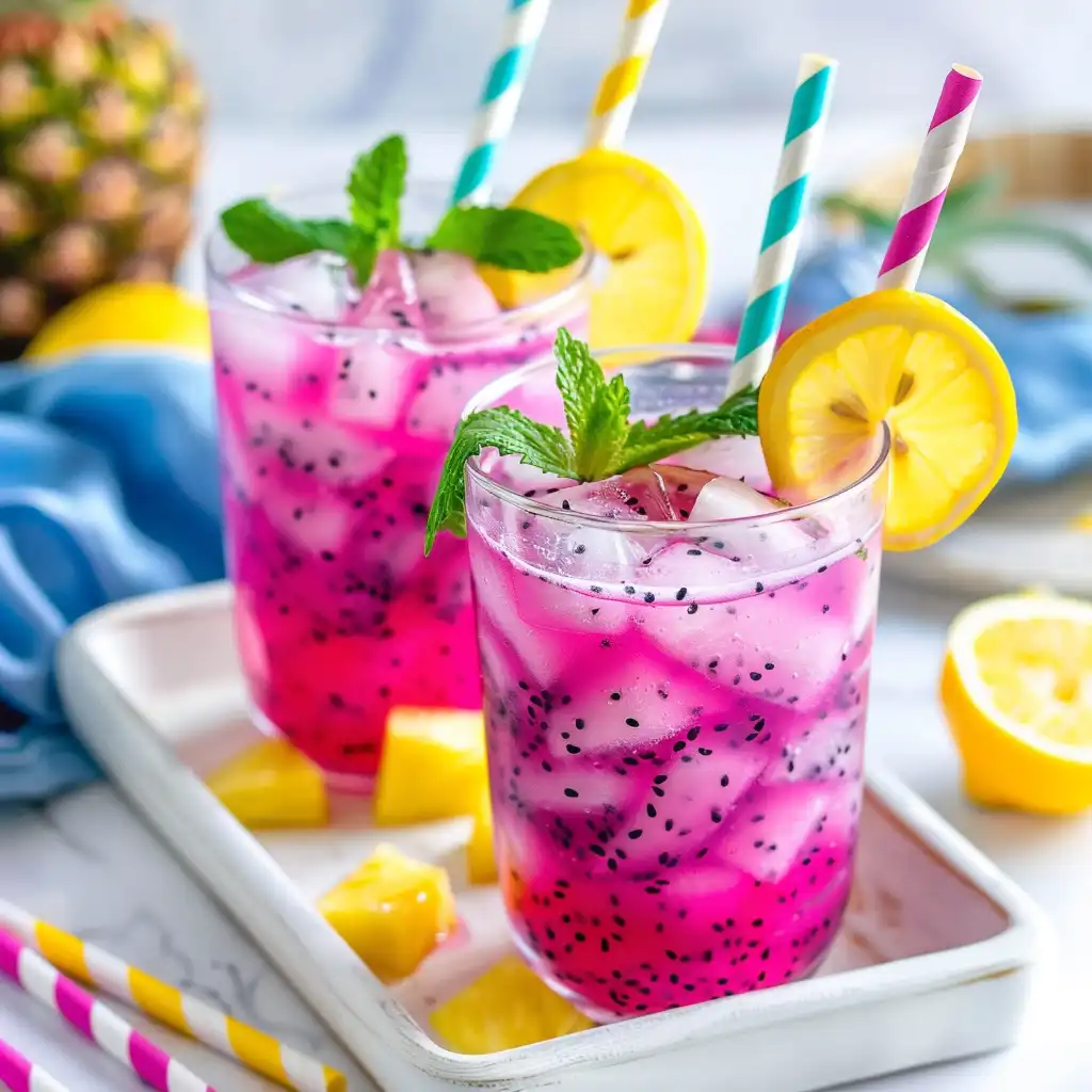 Finished pineapple dragonfruit lemonade with ice and garnish
