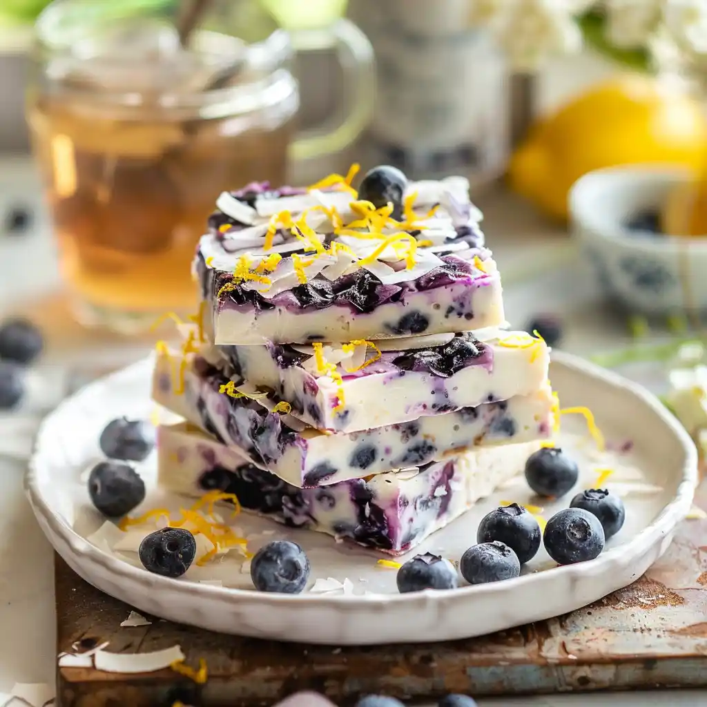 Final plated blueberry yogurt bark with lemon zest and coconut