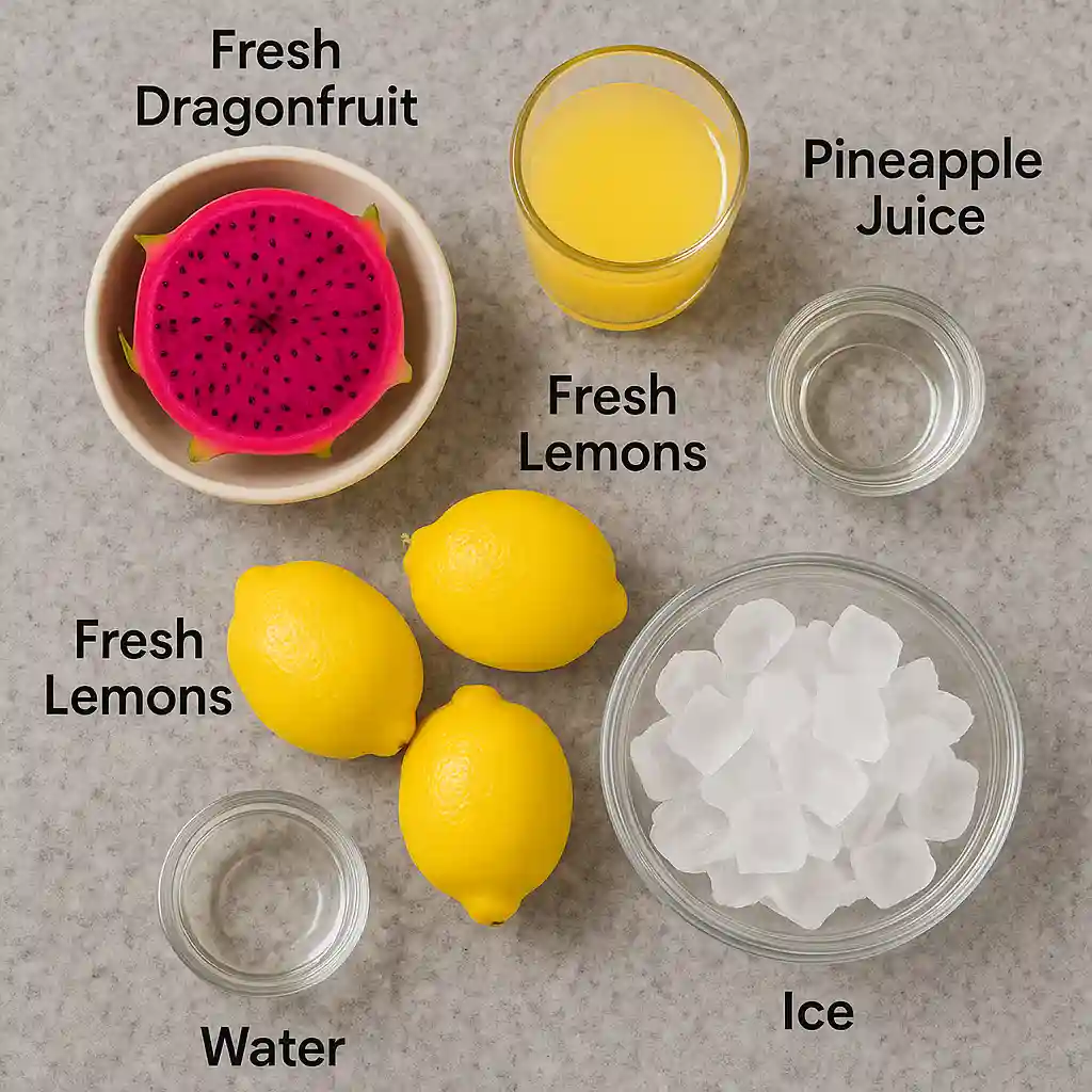 Fresh ingredients for making pineapple dragonfruit lemonade