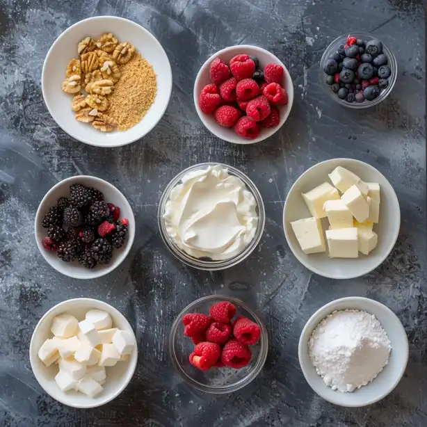 Flat lay of ingredients used in no bake strawberry cheesecake cups