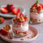 Recipe card for strawberry cheesecake cups beside plated dessert and ingredients
